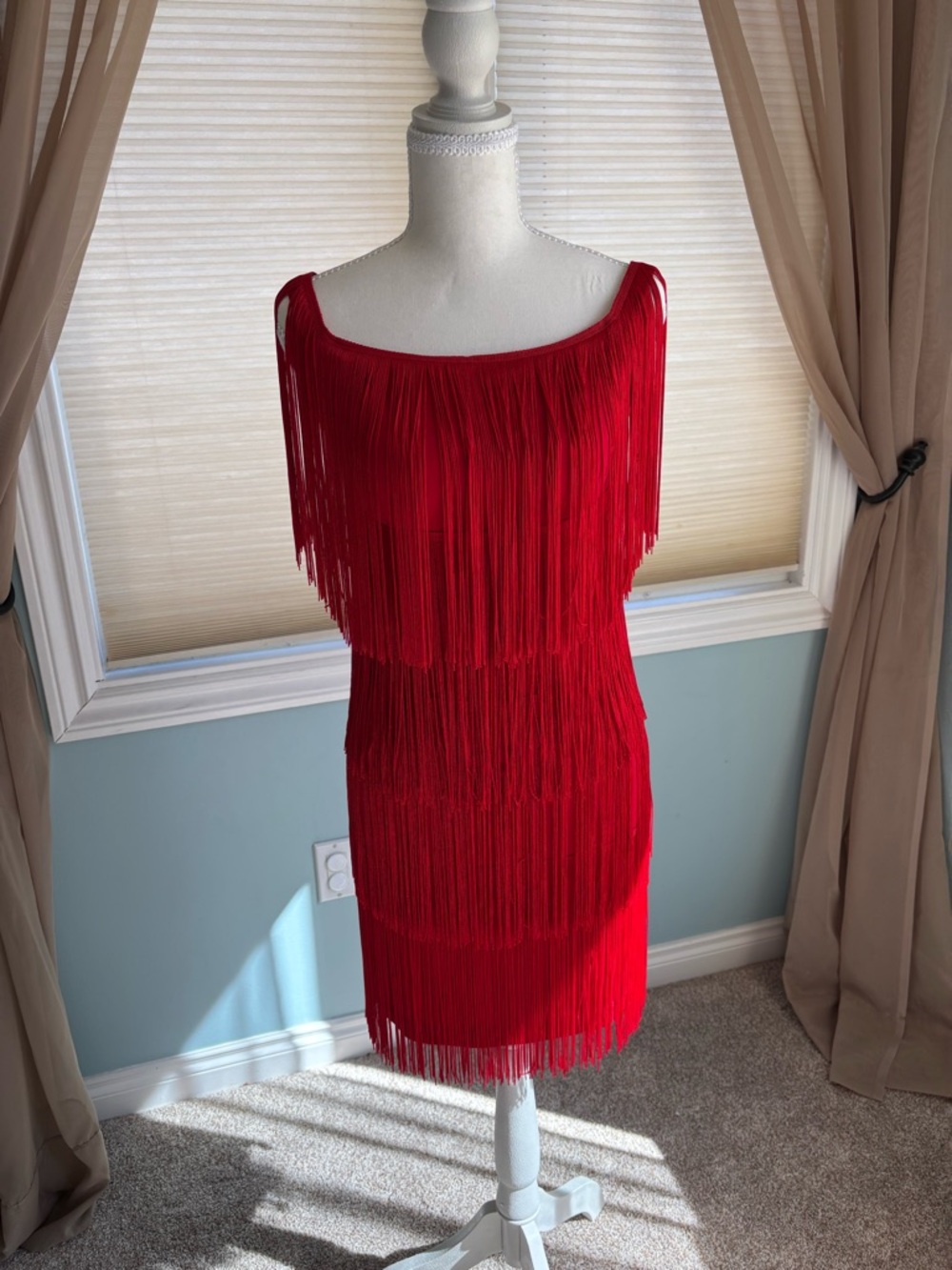 Boston Proper Red Fringe Off-Shoulder Mini Dress